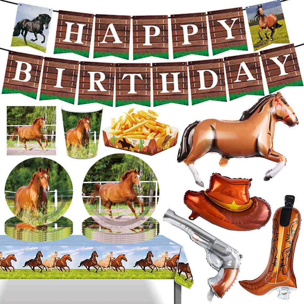 Western Cowboy Pferd Racing Thema Party Dekor Einweg Geschirr Teller Tasse Serviette Tablett Banner Pistole Stiefel Hut Ballon – Detail 1