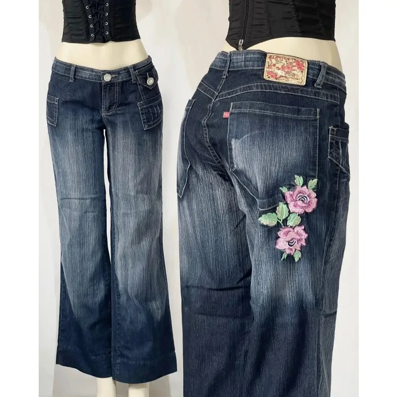 Pantalones vaqueros azules bordados con flores, elegantes y elegantes, holgados, estilo retro callejero, informales, punk, cintura alta, pantalones de moda, gran oferta