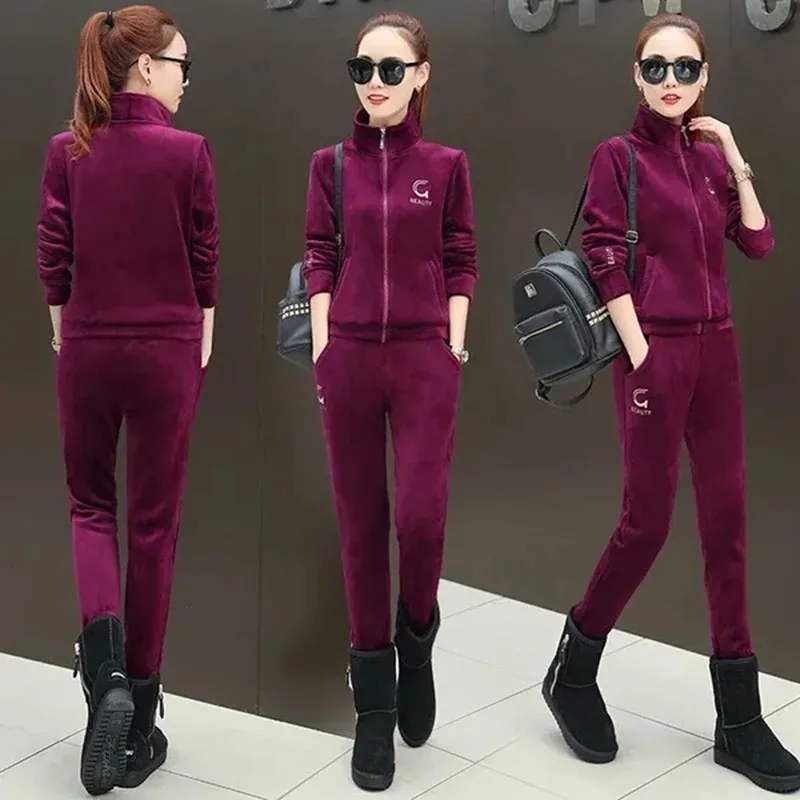 Winter Thickened Embroidered Velvet Tracksuit Women Casual Stand Collar Zipper Jacket + Pant Suit Jogging Velour Two Piece Set