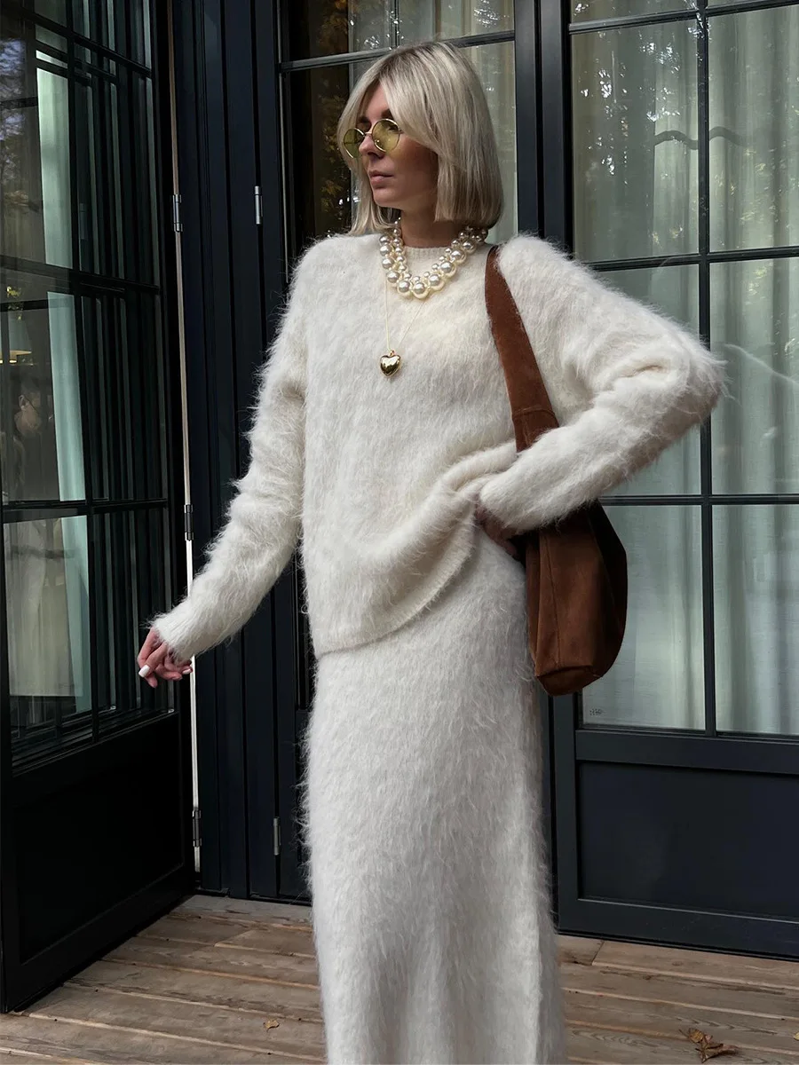 Blubelle inverno moda lã malha streetwear conjunto de 2 peças pulôver oversized saia de cintura alta feminino roupa casual