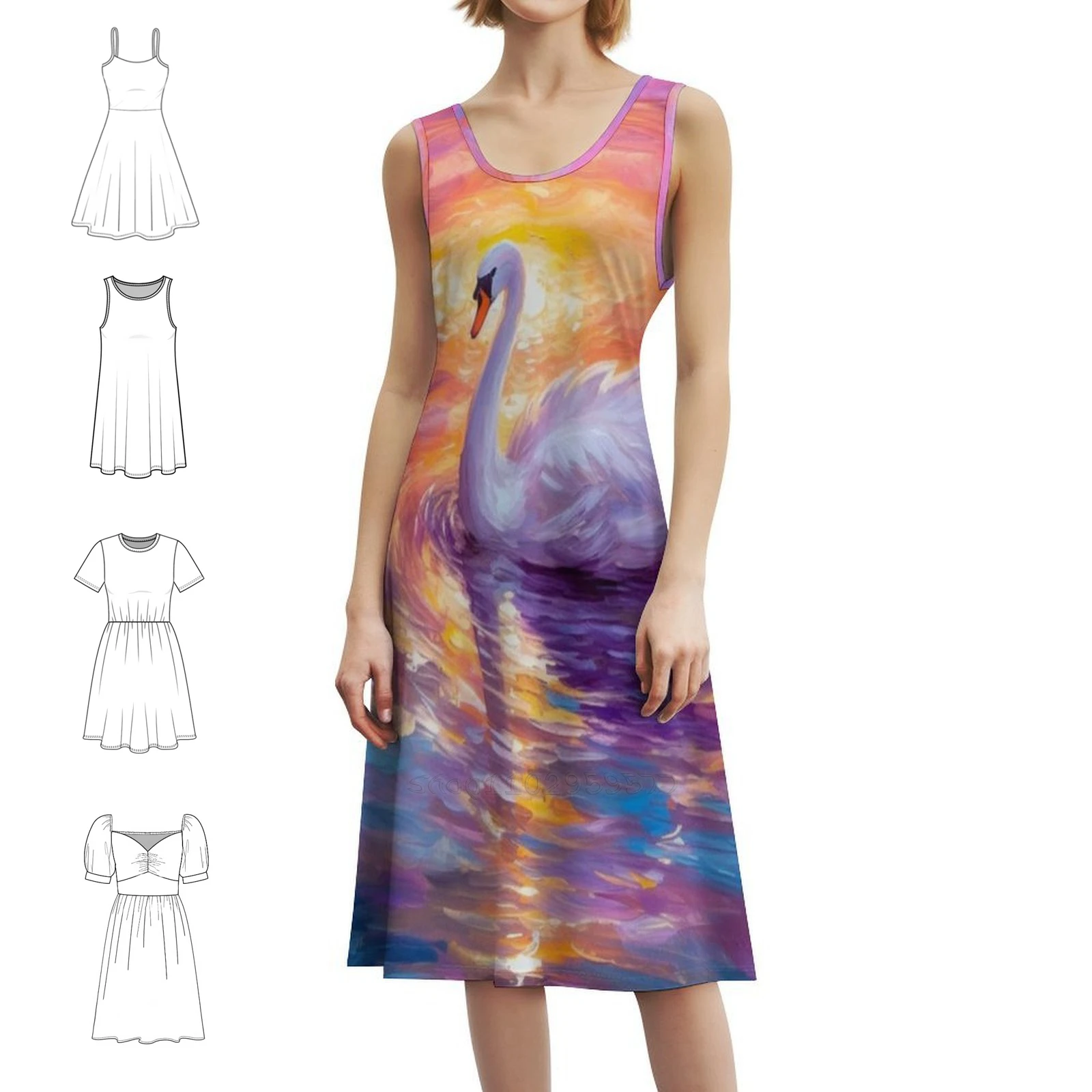 

Платье в корейском стиле Aurora Swan для женщин. Элегантное повседневное платье для вечеринки или повседневного ношения. Цвет пастельного розового, фиолетового, желтого птицы.