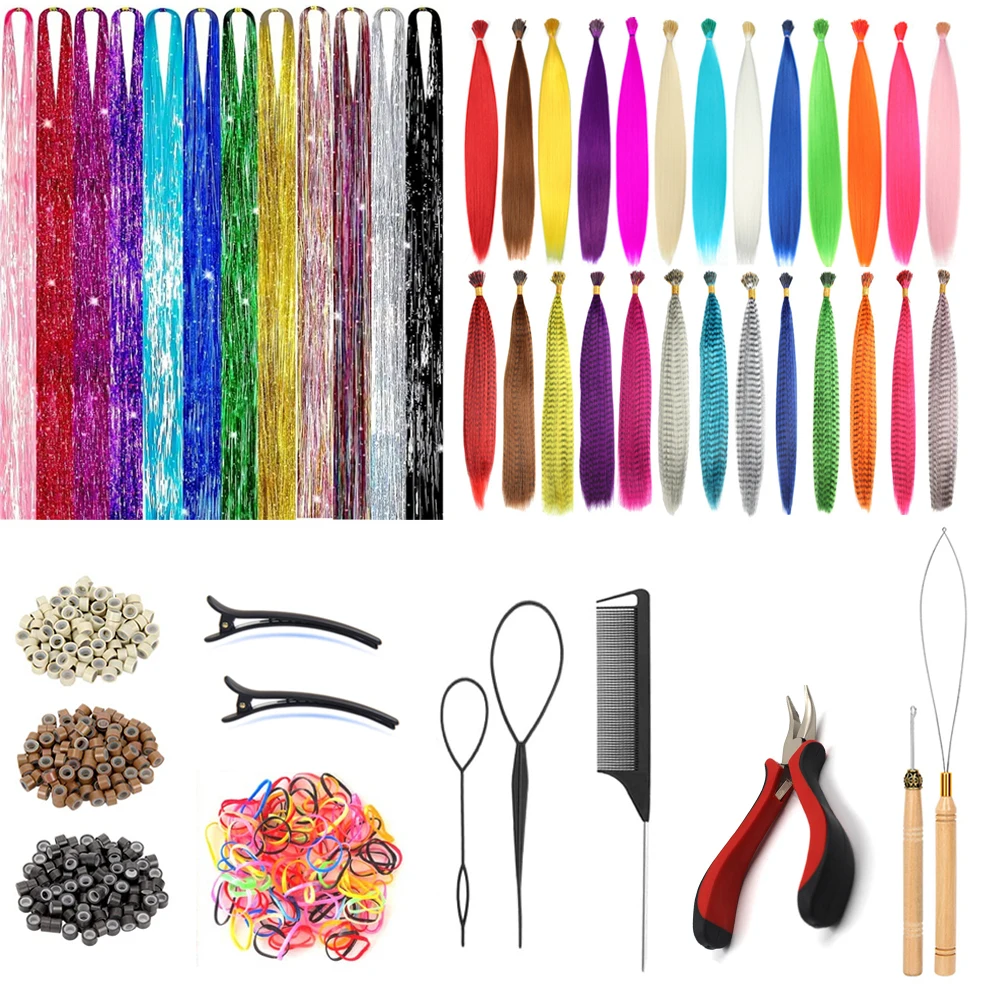 

48Pcs Unise Colorful Synthetic Hair Extensions Set 38 Colors Tinsel Wig 26 Colors Feather Extensions Tool Kit for Hairdressing