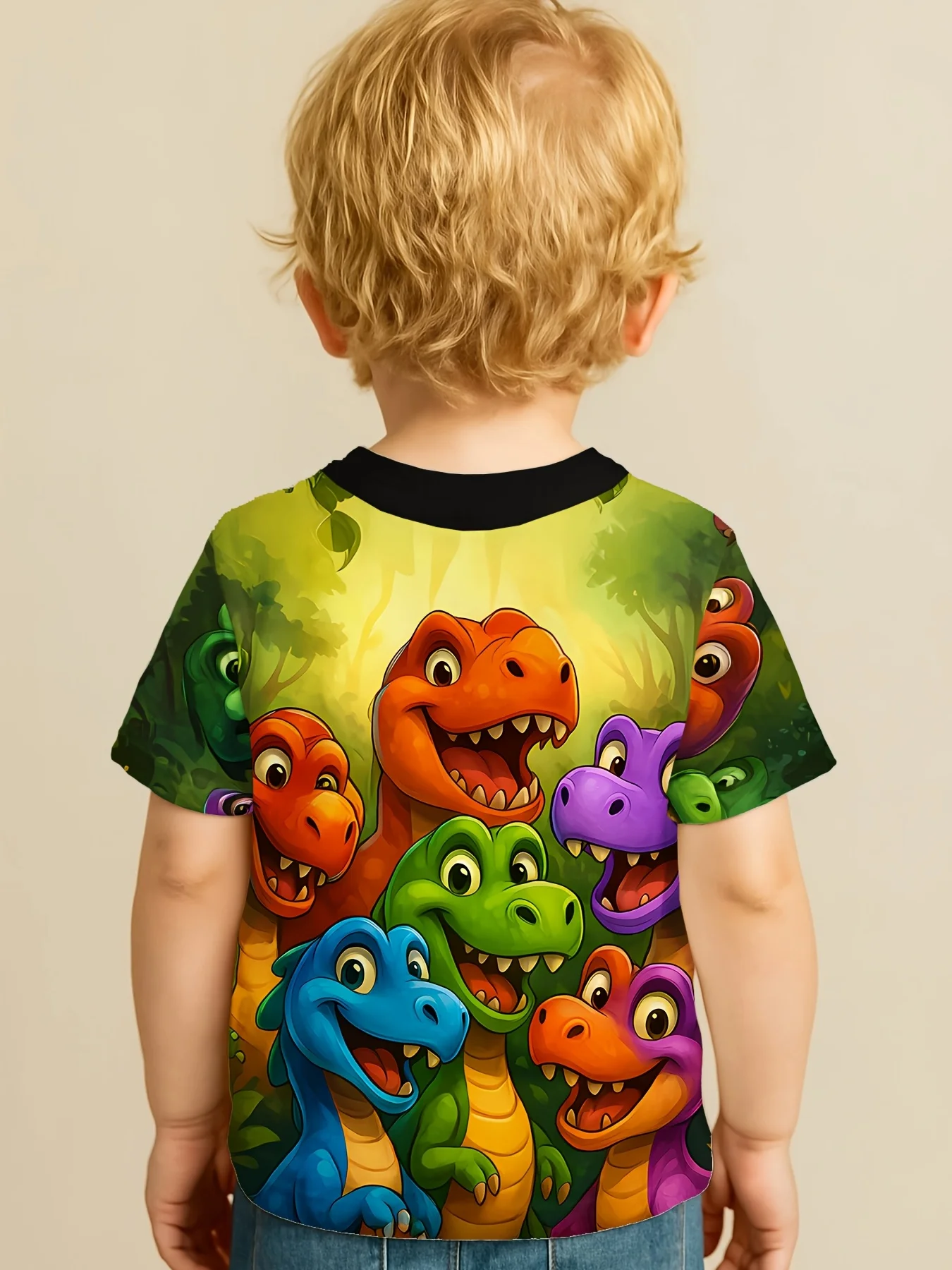 Colorful Dinosaur Squad Toddler Boys T‑Shirt  3D Cartoon Dinosaur Friends Print Soft Polyester Summer Crew Neck Top