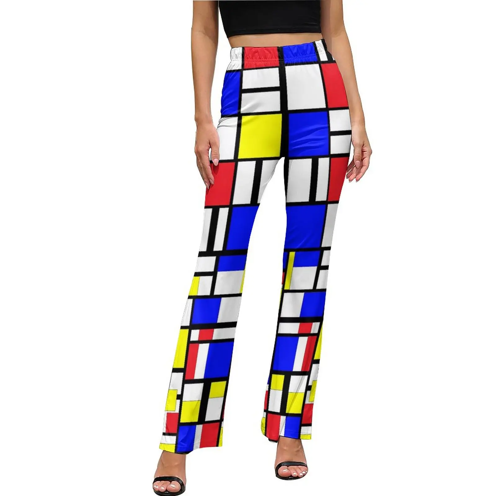 Color Block Art Pants Elastic Waist Mondrian Style Street Fashion Flare Pants Summer Sexy Workout Custom Oversize Trousers