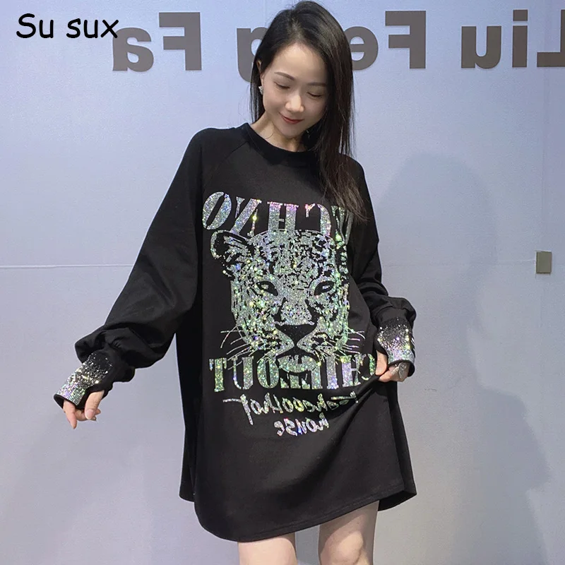 

Пуловер большого размера с блестками и головой леопарда, женская одежда Y2k, повседневные футболки с круглым вырезом и длинными рукавами, Vestidos Bust 150 см, корейский