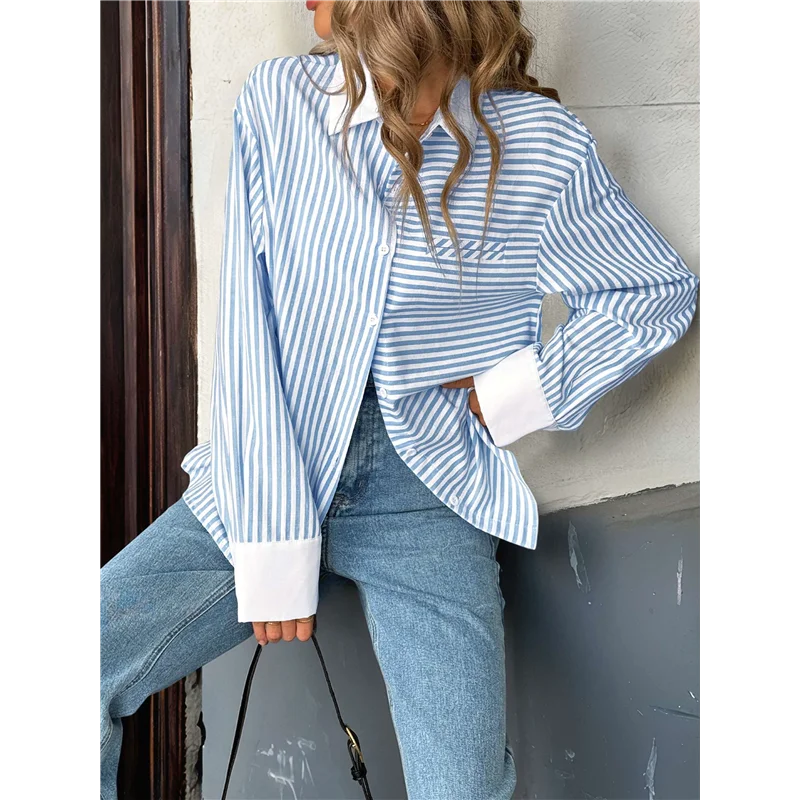 ABP-Camisa con botones a rayas para mujer, blusa informal de manga larga