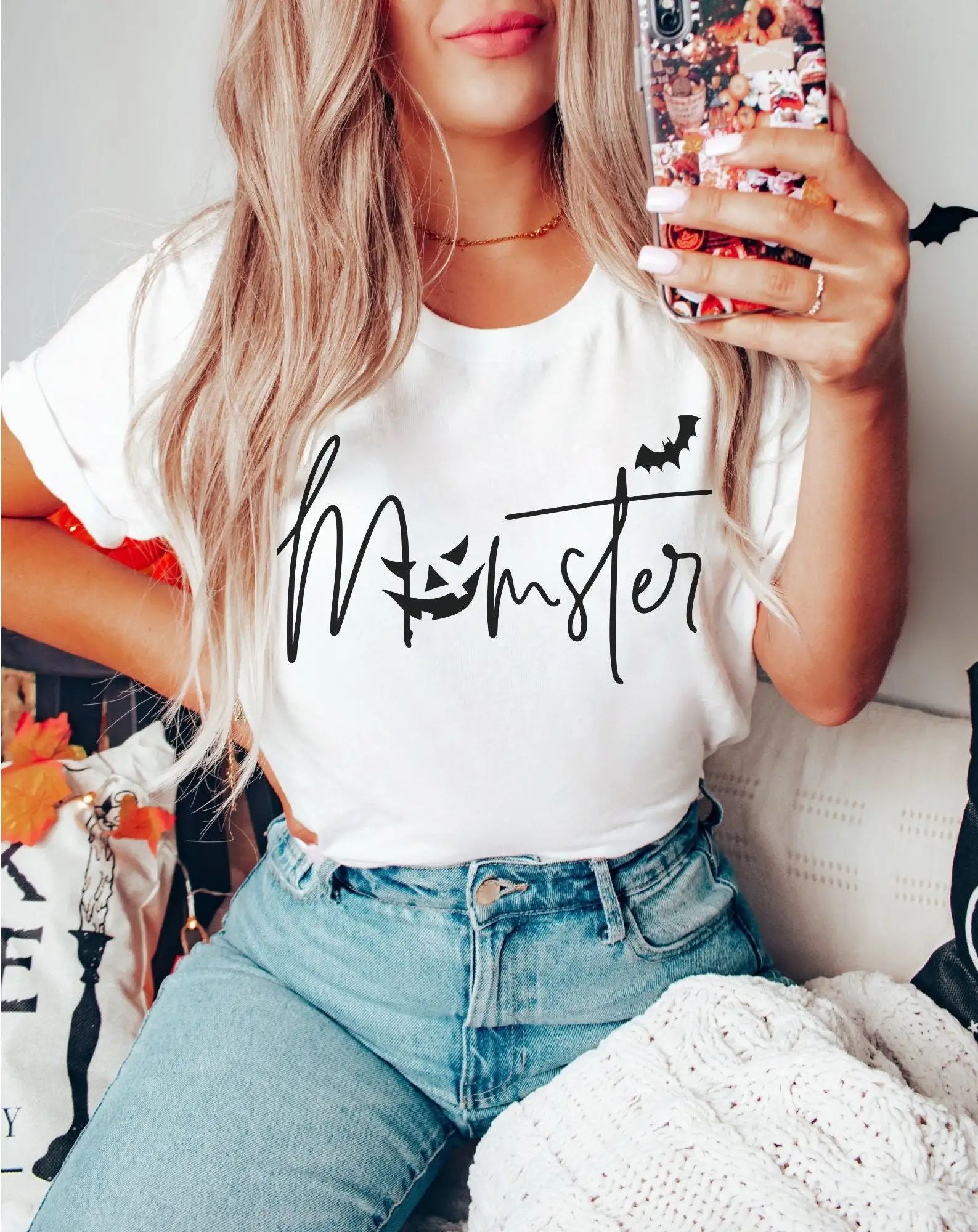 2024 New Hot Sale Stylish Halloween Female Casual T-shirt Cute Cartoon Momster Skull Pumpkin Smiling Face Print Women Shirt