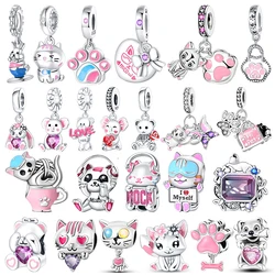 925 Sterling Silver Teacup Music Cat Pink Cat Paw Charms Beads Fit 4MM foro diametro braccialetto Fine fai da te carino gioielli regalo