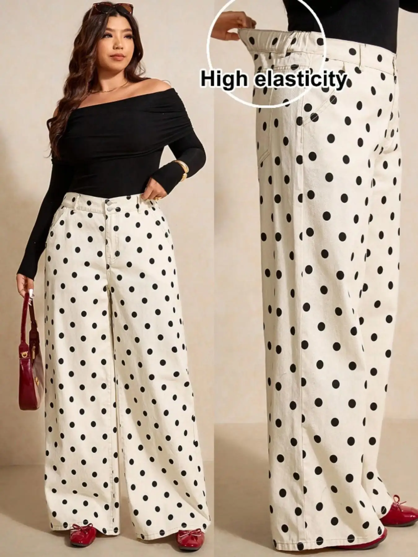 Plus Size Women Polka Dot Wide Leg Jeans, High Waist Double Button Loose Baggy Dotted Denim Trousers, Curvy Casual Pants