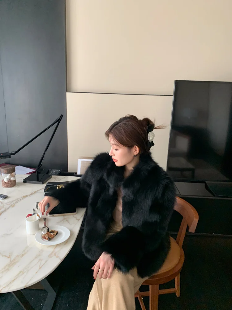 Women Faux Fox Fur Coats Solid Fur Jackets Cotton Linen Stand Collar Long Sleeves Open Stitch Loose Casual 2026 Autumn Winter