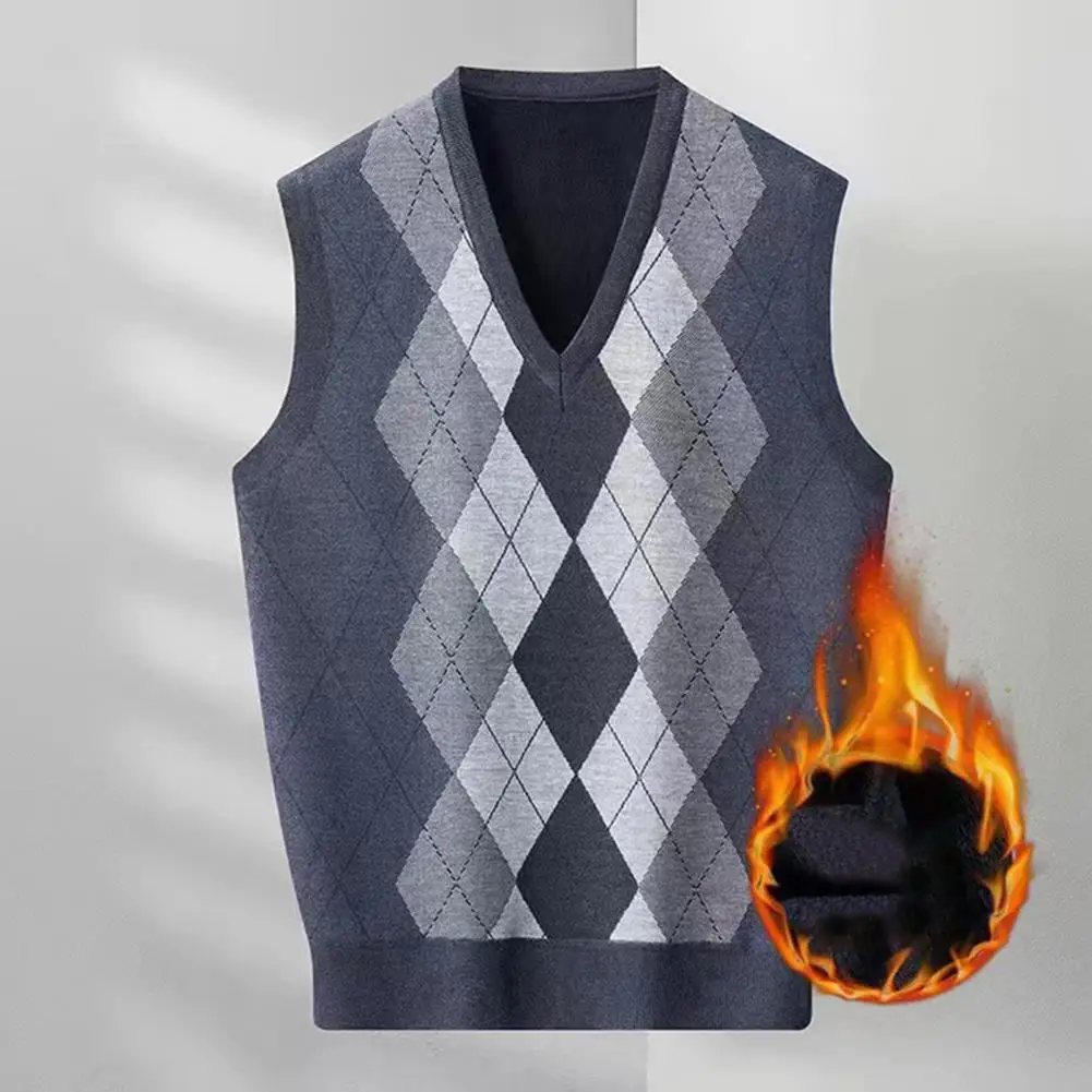 

Men Sweater Vest Stylish Men's Rhombus Print V-neck Sweater Vest Warm Soft Fashionable Mid-length Pullover for Fall Winter Men