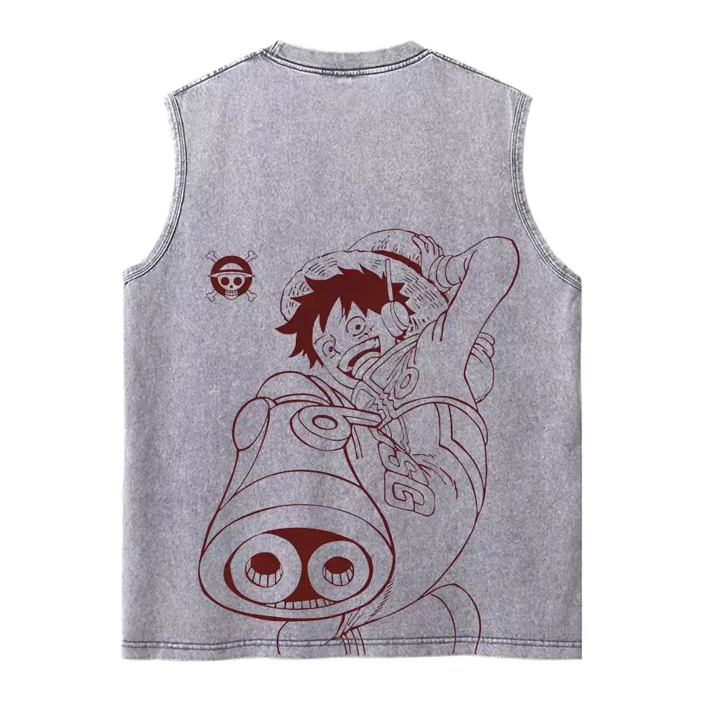 Harajuku Retro Sleeveless T-Shirts Streetwear Vintage Washed Anime One Piece Graphic Print Men Vest Tops Tees Retro Oversize