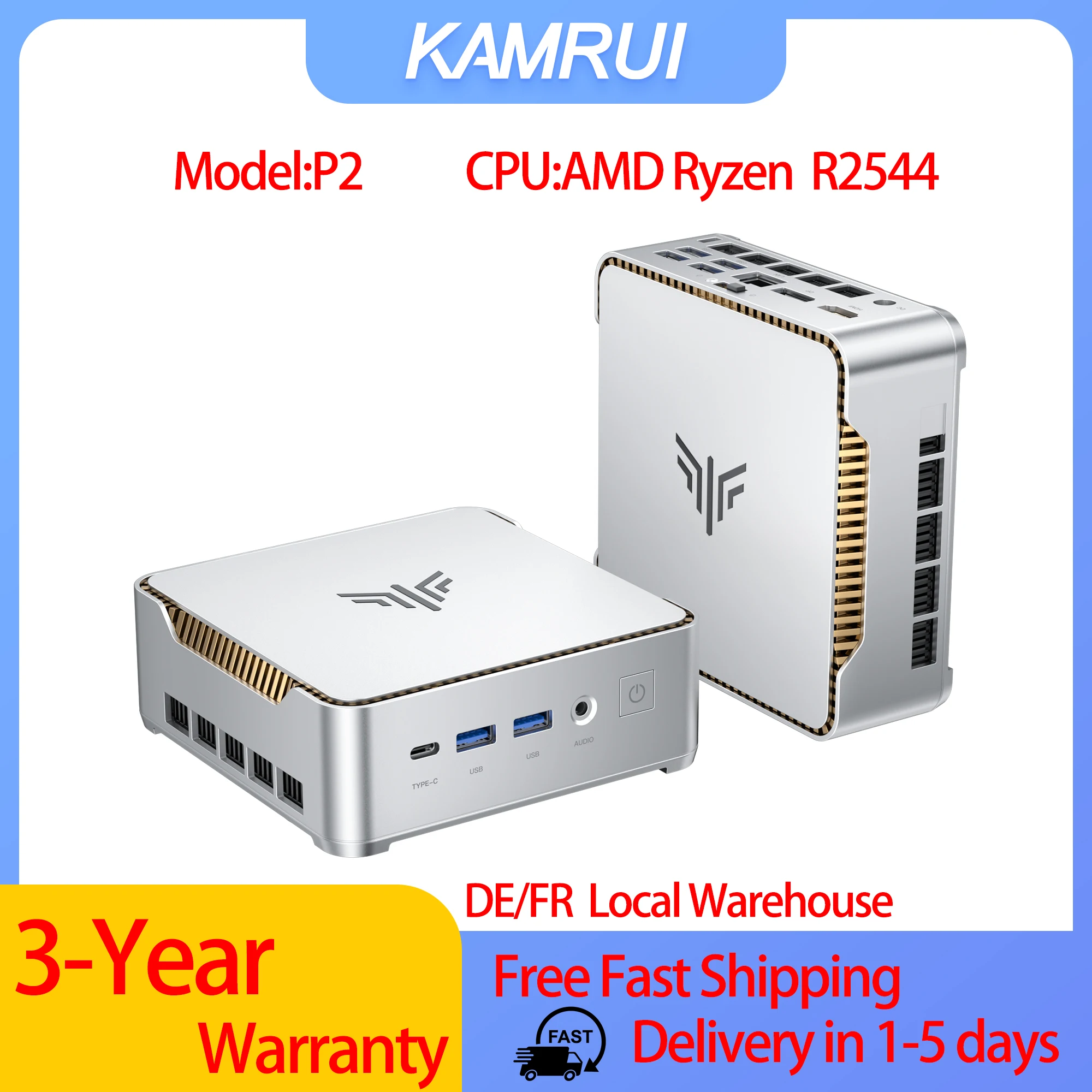Mini PC KAMRUI AMD Ryzen R2544 con 16GB de RAM y 256GB SSD, Mini PC Portátil para Juegos con Wifi6, BT5.2, Pantalla Triple 4K, Windows 11 Pro, Enchufe Europeo