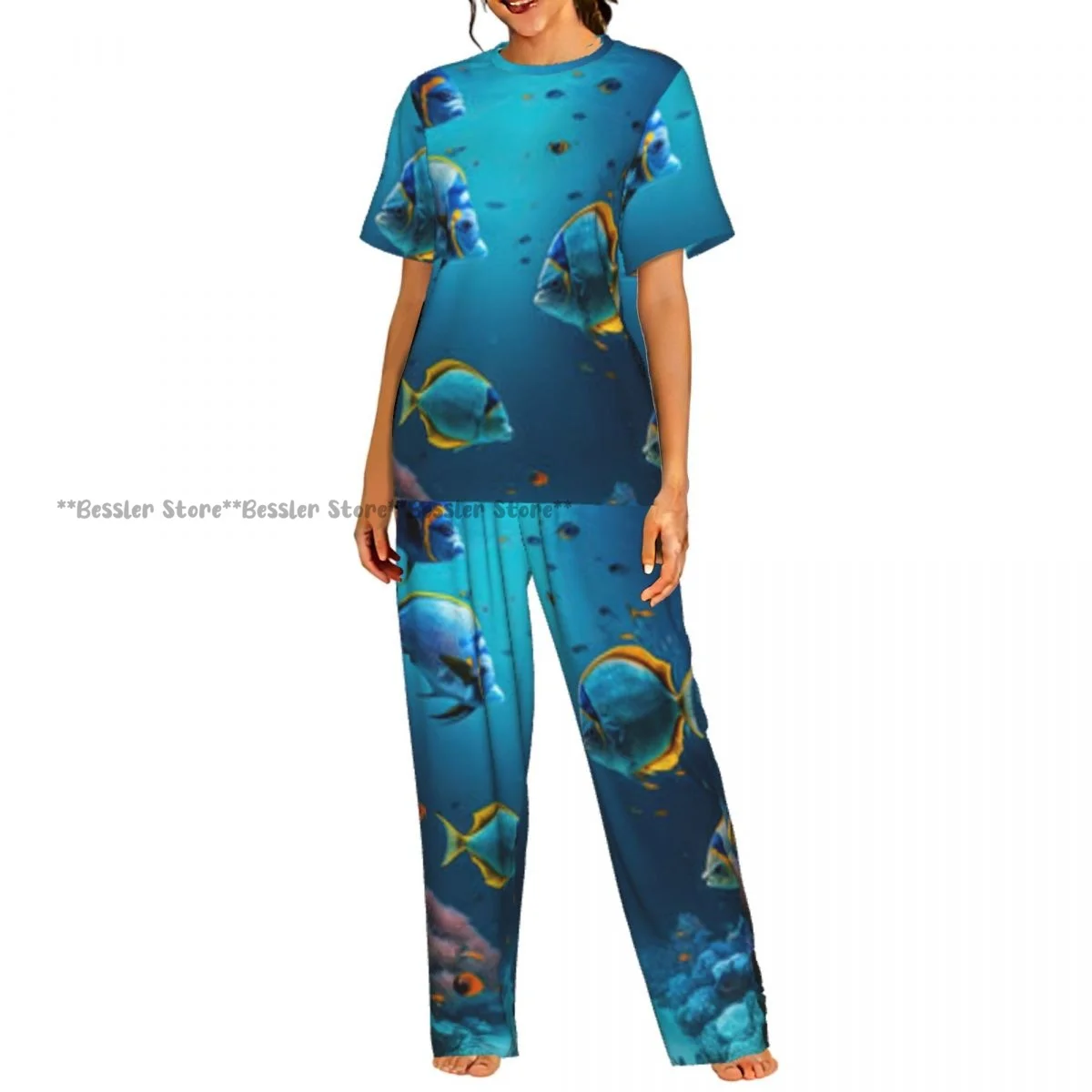 

Tropical Underwater World And Fish Pajamas Set Short-sleeved Women Home Clothing