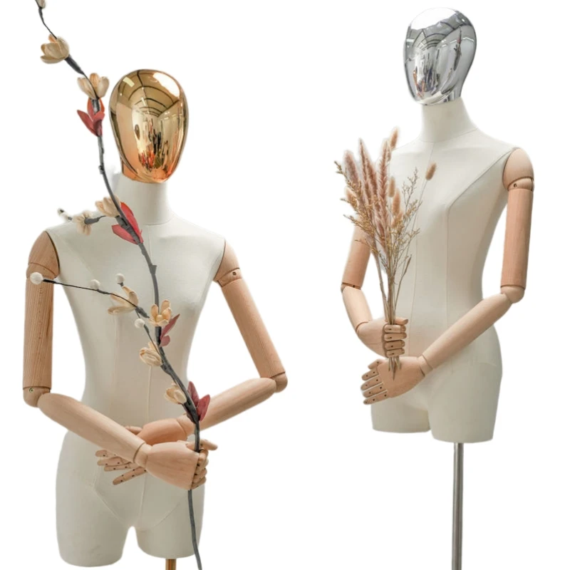 Dress Form Fabric Cover Female Half Body Mannequin with Plated Head Iron Stand Hip Torso For Window Clothing Display