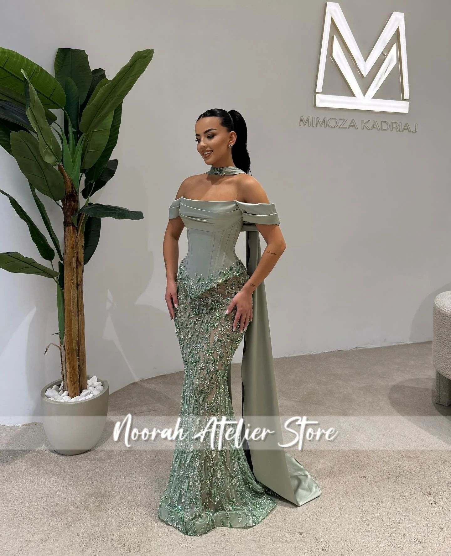New Sparkly Sage Green Mermaid Off The Shoulder Evening Dress Elegant Scarf Train Bead Elegant Prom Gown Party Gowns Customized