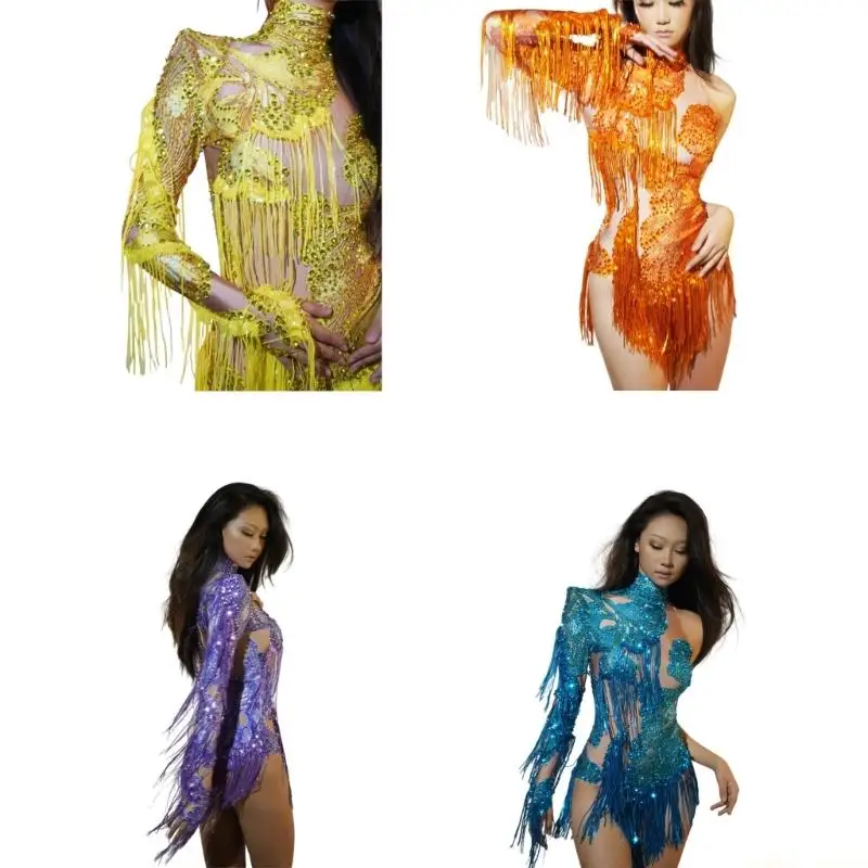 

31BF Women Rhinestones Fringe Skinny Leotard Tassels Bodysuits Raves Festival Outfits
