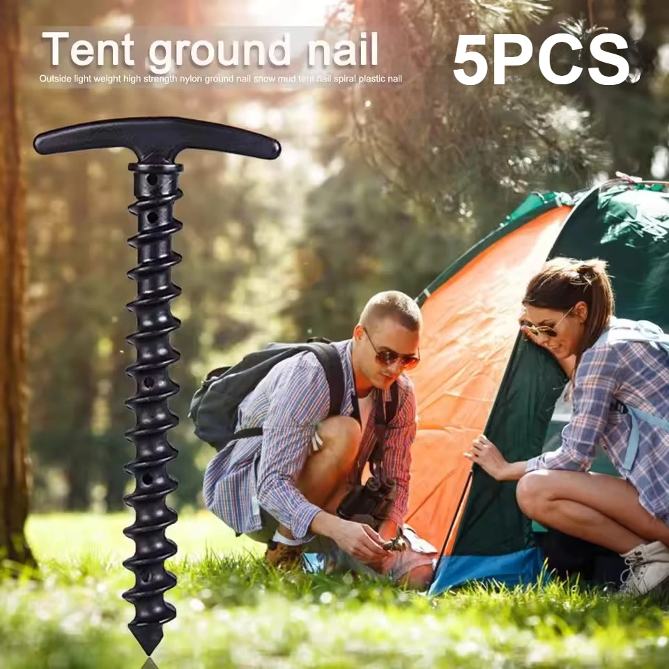 

5pcs/set Windproof Fixed Ground Nails Camping Peg Screw Stakes Hiking Tent Pins for Mountaineering Fishing 14.5x7cm Camping Gear