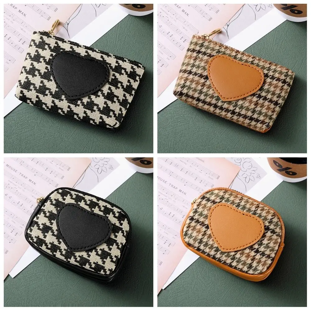 Pu Leather Canvas Coin Purse Car Key Bag Printing Houndstooth Zipper Purse Money Clip Change Purse Short Style Wallet Travel