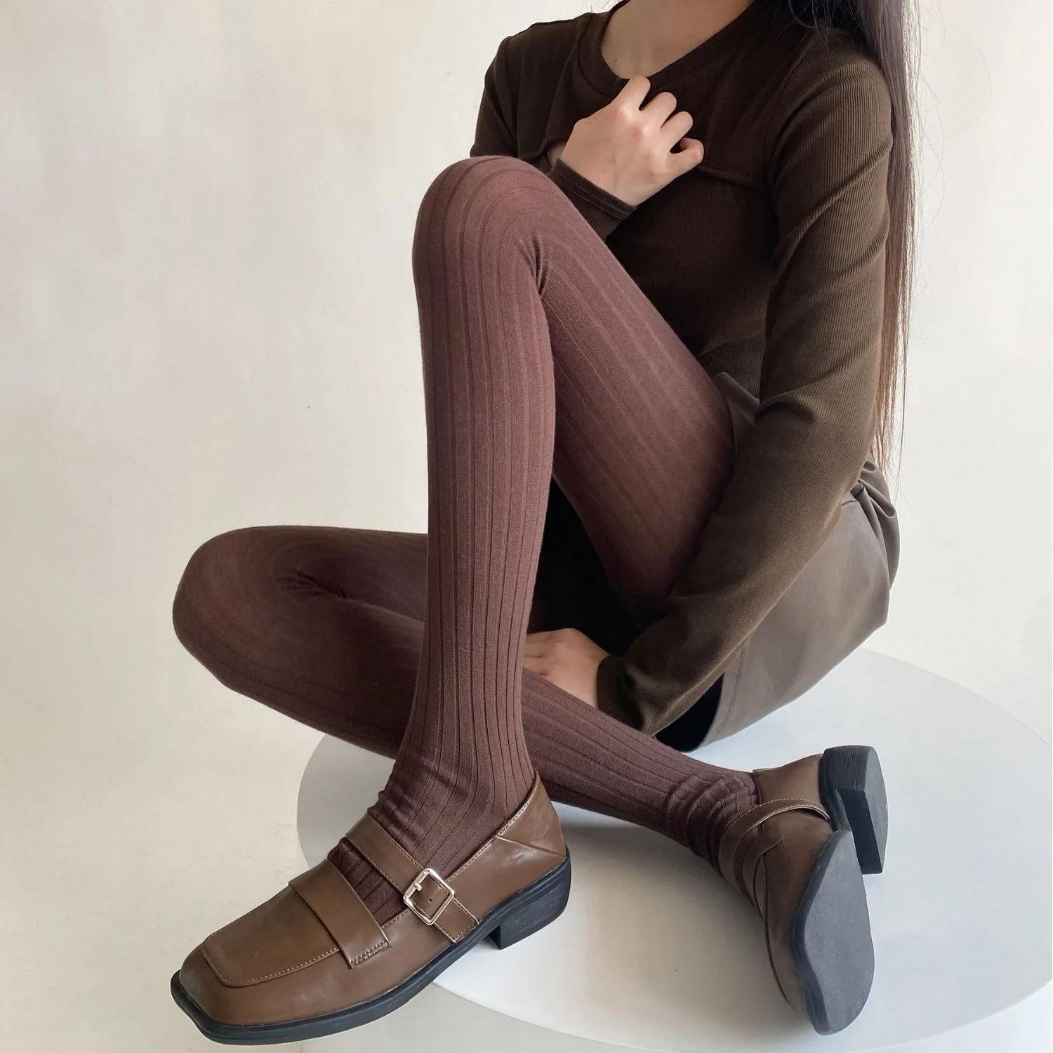 Autumn Vertical Stripes Simple Women's Pantyhose Cotton Solid Color Fashion Versatile Outfit Shaping Comfortable Tights