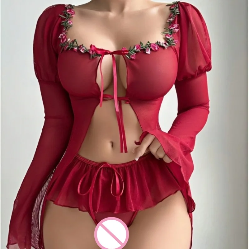 

Сексуальный сетчатый комплект нижнего белья, прозрачное кружевное белье с разрезом и длинными рукавами, новое горячее нижнее белье, эротическое ночное платье, озорная одежда для сна