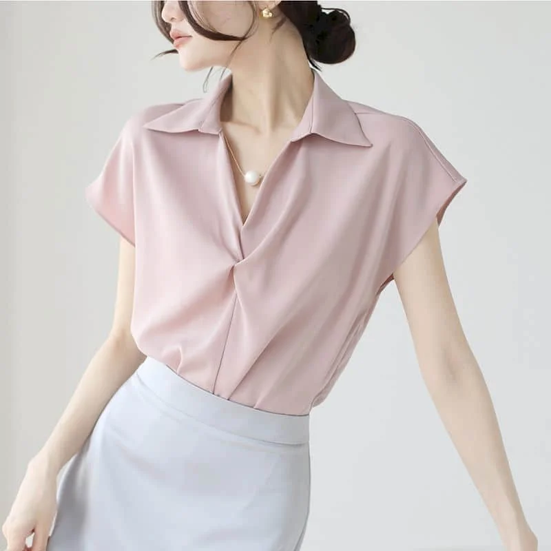 Satin Chiffon Shirts for Women Temperament Short Sleeve Elegant Korean Style Polo-neck One Piece Retro Blouse Office Women Tops