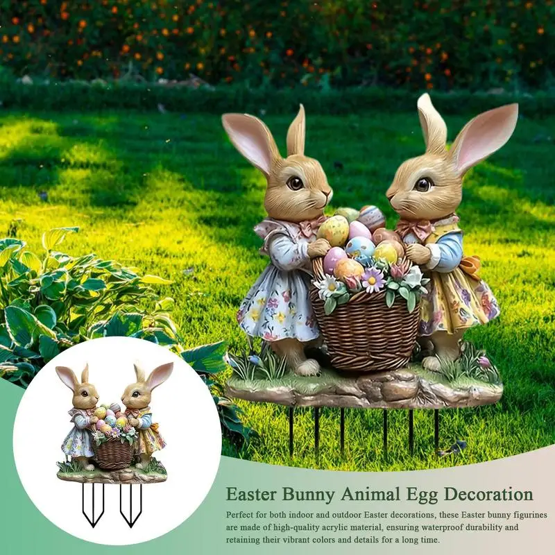 Happy Easter Bunny Sign Cute 2D Flat Standing Rabbit With Eggs Lawn Stakes Art Animals Garden Stakes Decorative Outdoor Rabbit