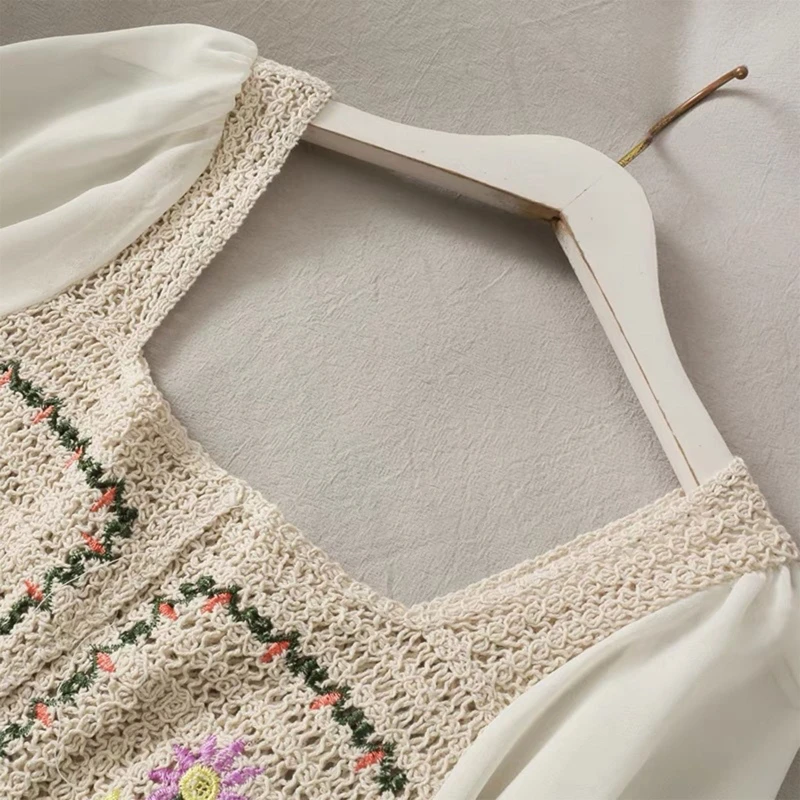 

Женская милая шифоновая пышная рубашка с длинным рукавом с квадратным вырезом и цветочной вышивкой, вязаная блузка во стиле, в