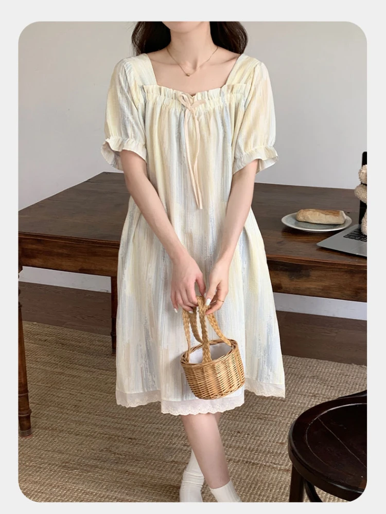 M-2XL vestido de pijama de talla grande para mujer, camisón versión coreana de verano, ropa de descanso de manga corta de algodón con nube, se puede usar en el exterior