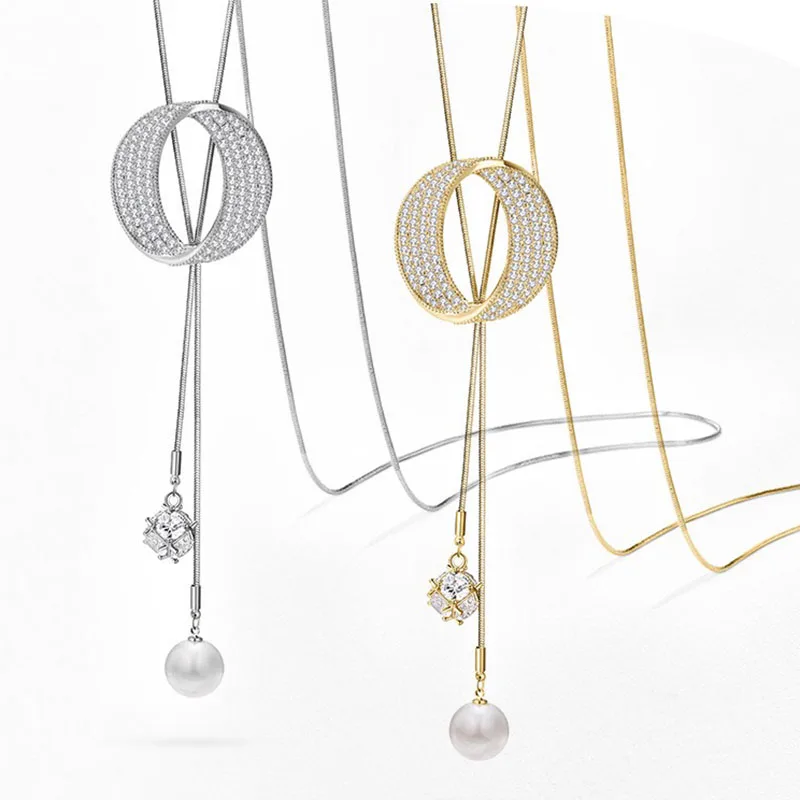 Fashion Long Chain Sweater Necklaces & Pendants for Women Zircon Round Circle Pendant Necklace Female Jewelry