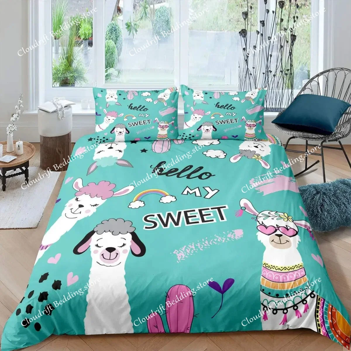 

Cute Cartoon Alpaca Duvet Cover Set Llama Cactus Print Bedding Set Botanical Animal Comforter Covers Decorative for Kids Teens
