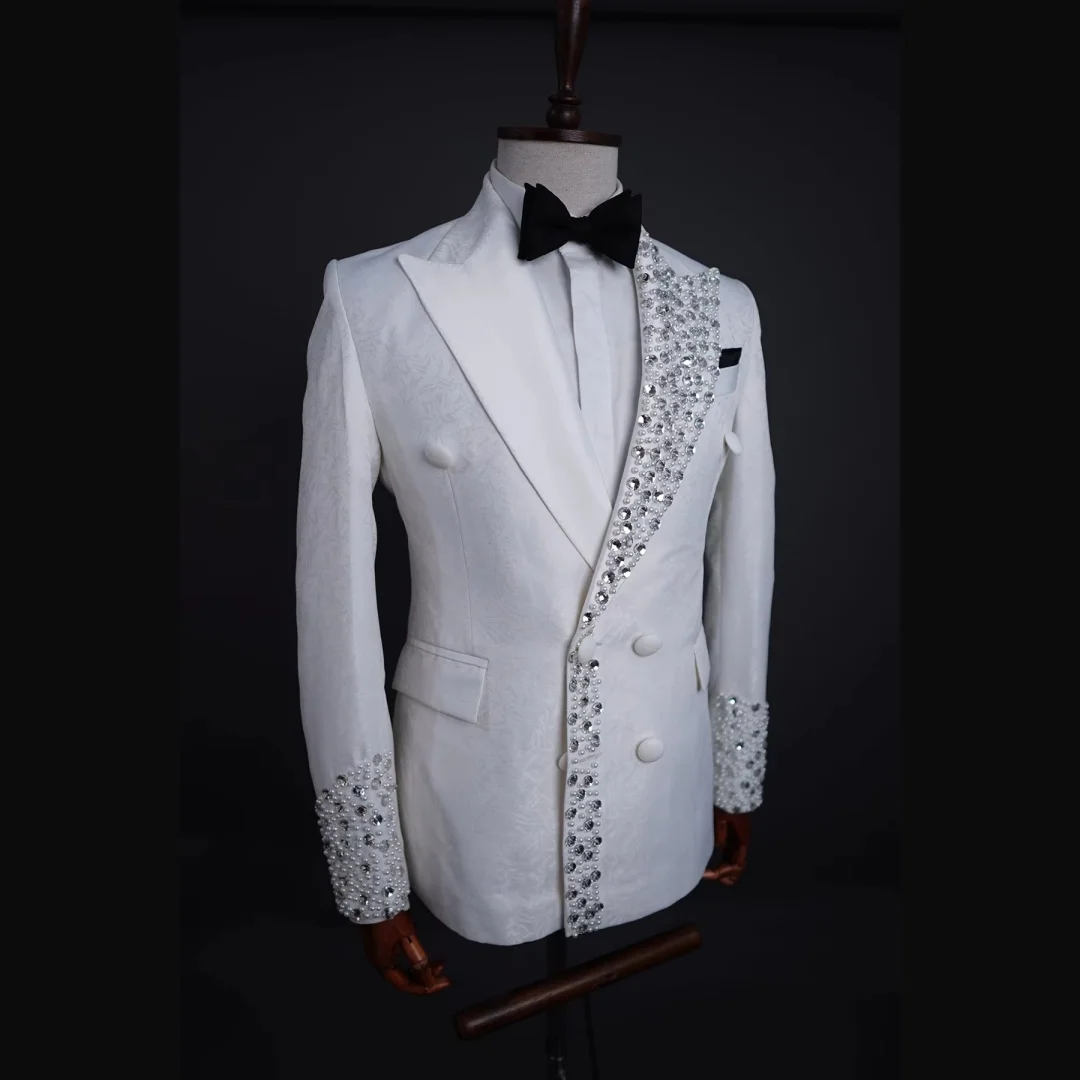 

Новые хрустальные бусины, свадебные мужские костюмы, модный костюм жениха на заказ, комплект из 2 предметов, пальто, брюки, официальные мероприятия, вечеринка, певица, индивидуальный заказ