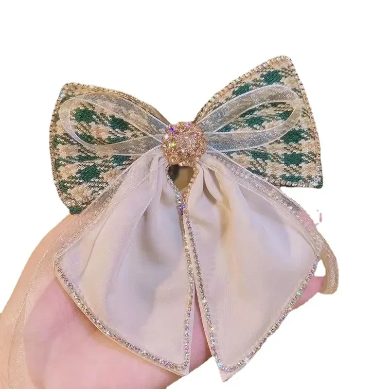 Vintage Fabric Bow Hair Clips Rhinestone Barrette Spring Clip Fashion Ponytail Headwear Hair Pins for Women Hair Accessories