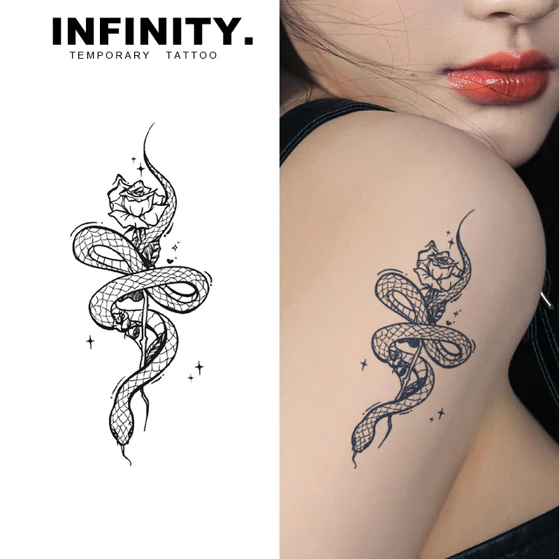 Snake and Rose temporary tattoo sticker, waterproof magic tattoo, lasts to 8-15 days fake tattoo, semi permanent tattoo