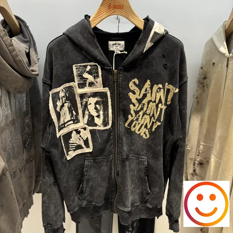 Embroidery Patch Portrait SSSAINT LOUIS Zipper Hoodie Washed Hole Damaged Jacket Men Women Hip Hop Graffiti Pattern Pullovers