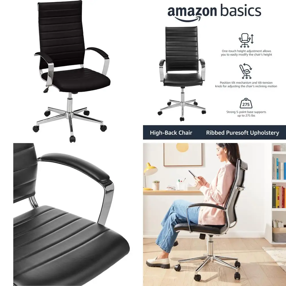 

Ergonomic Ribbed Faux Leather Swivel Desk Chair with Lumbar Support, Modern Home Office Style, Black