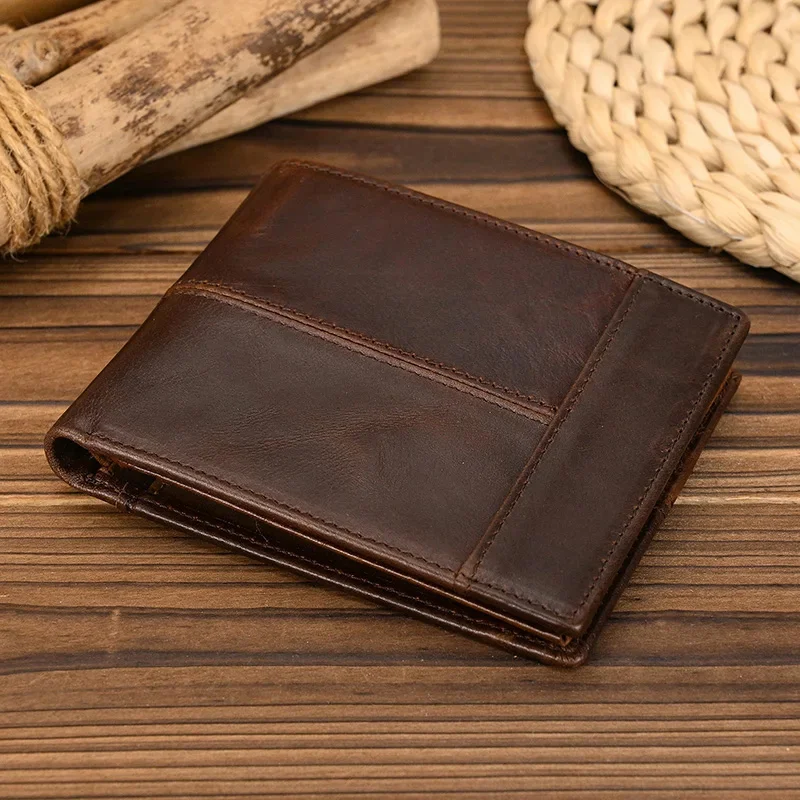 

Men's Designer Leather Wallet Full Grain Cowhide Short Purse Brands Top Quality Handmade For Men Male Fold Luxury