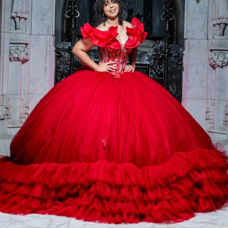 

Red Quinceanera Dresses Off The Shoulder Applique Lace Beading Tiered Tull Party Birthday Sweet 16 Dress Vestidos 15 De Anos