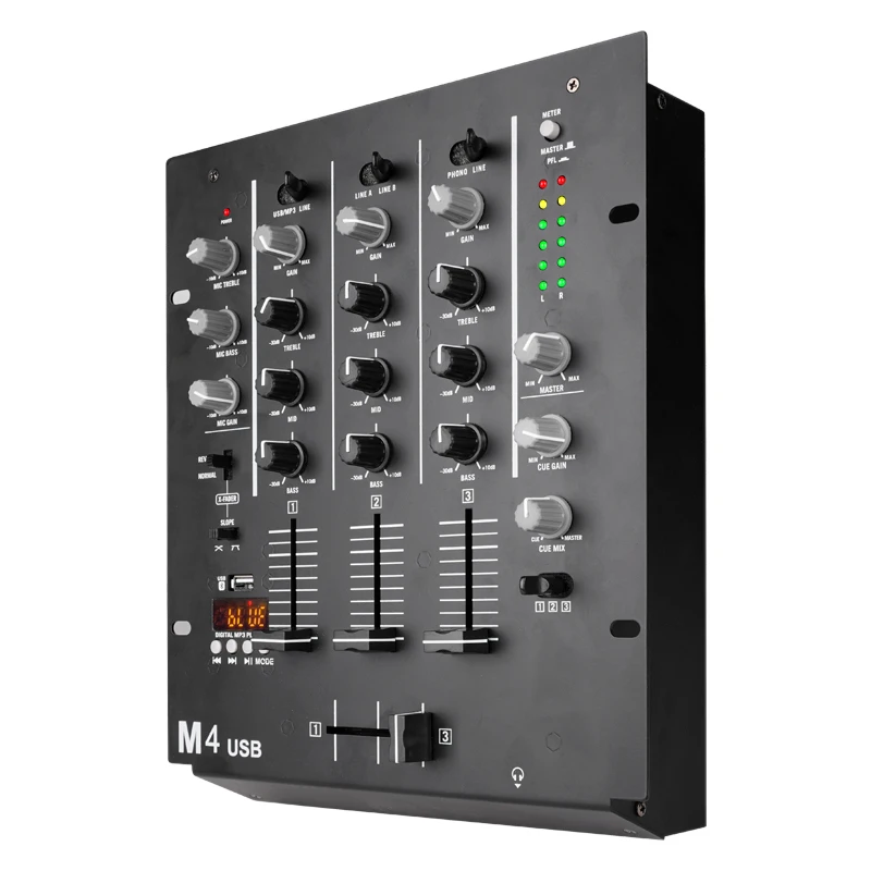 Yamnweo M4 USB Mini DJ-Mixer, 3-Kanal-Audio-Mischpult, Bluetooth Kabellos USB MP3-Wiedergabe, Unabhängiger Höhen-, Mittel- und Bass-EQ, Echtzeit-Kopfhörerüberwachung, RCA 6,35mm Schnittstelle