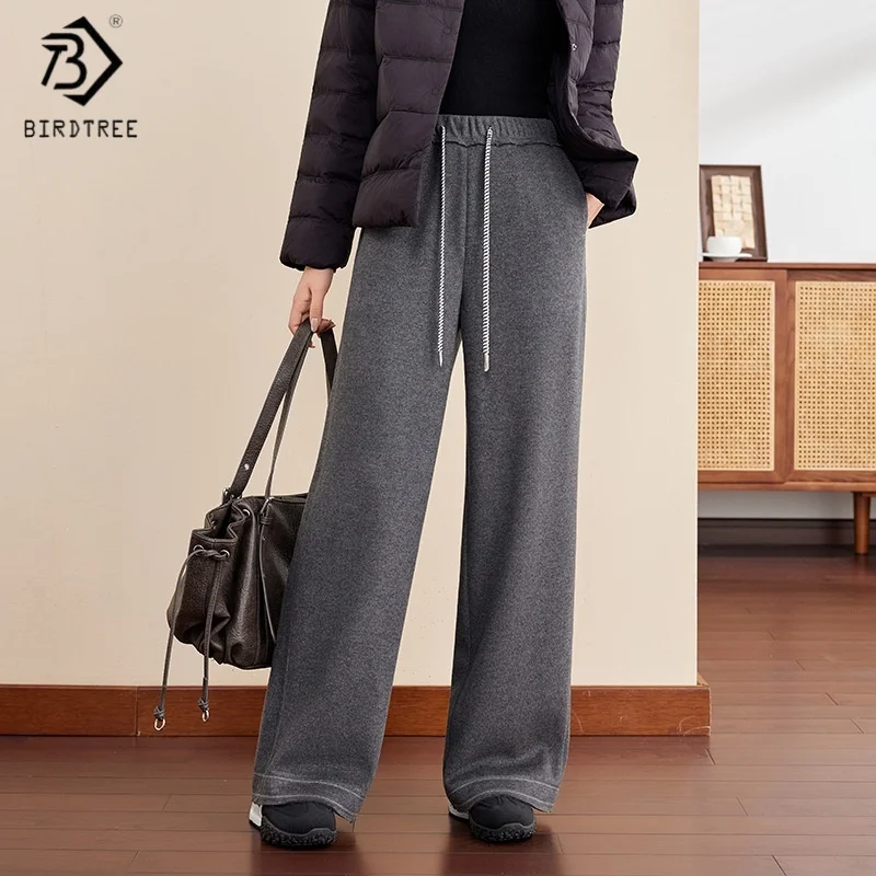 

Прямые мягкие брюки из смесовой шерсти Birdtree, женские брюки с карманами на эластичной резинке на талии, осенне-зимние брюки на шнурке, черный, серый P5O029JF