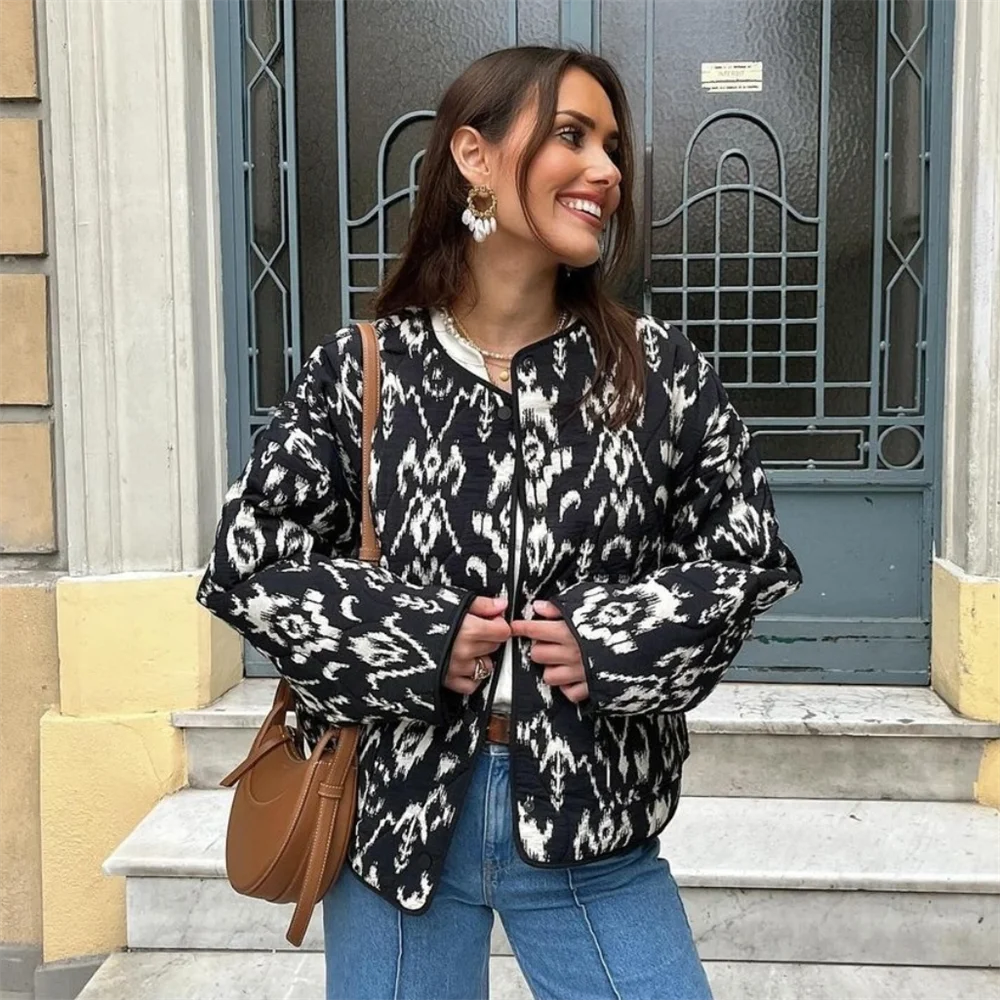 Wielofunkcyjna, drukowana, pikowana kurtka z okrągłym dekoltem, płaszcz wiosenny, nowa damska moda i elegancja, krótka.