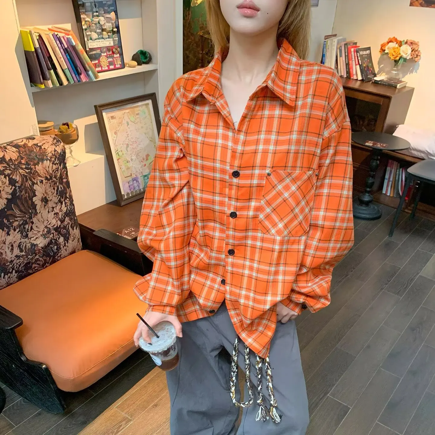 

Trendy Orange Plaid Long Sve irt Versatile Simple Artistic American Sle Casual Loose Fit Polyester Fiber Youth Faion