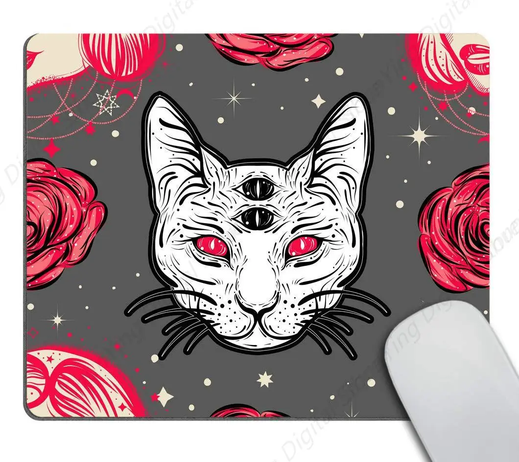 Dark Witch And Four Eyed Cat Gift Mouse Pad Cat And Rose Flower Desktop Decoration Suitable For Gaming Office Laptop 25*30cm