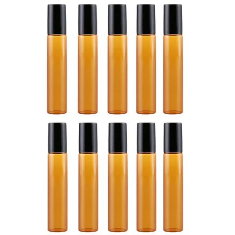 10 Pcs Amber Roller Bottles for Essential Oils 10ml Glass Roll On Bottles for Travel and Lip Gloss Empty Perfume Roller Ball App