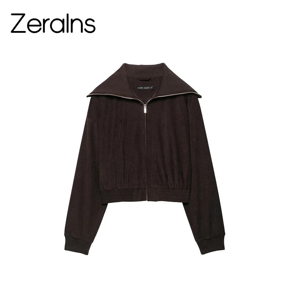 ZERAINS Autumn women's long sleeved lapel short zipper jacket high waisted waistband casual wide leg pants set