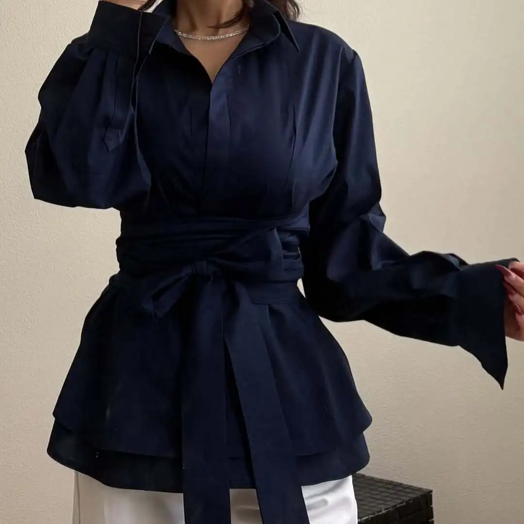 Women Lapel Long Sleeve Shirt Wrap Self Tie Belt Waist Cinched Layered Hem Blouse