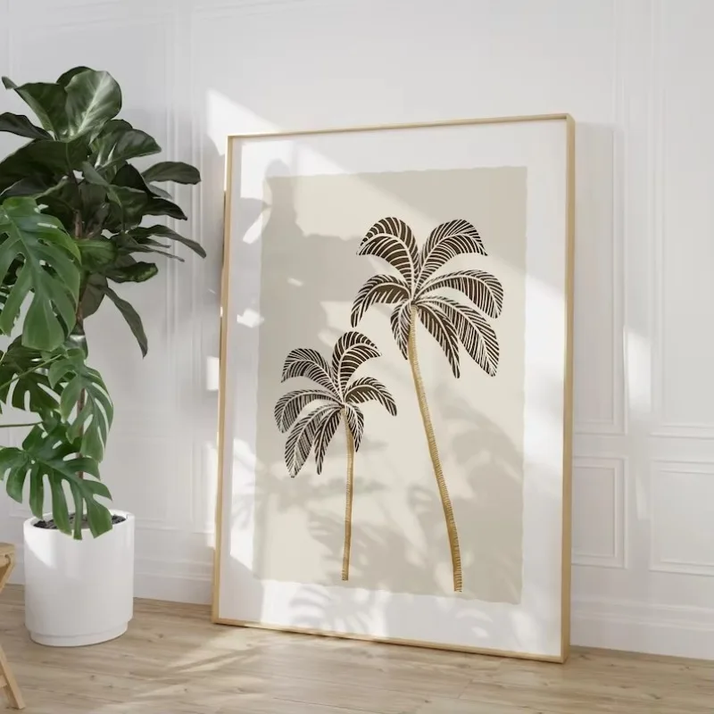 Frameless Minimalist Palm Tree Wall Art,Neutral Coastal Prints,Bohemian Tropical Decoration,Summer Wall Art Bedroom Decoratio