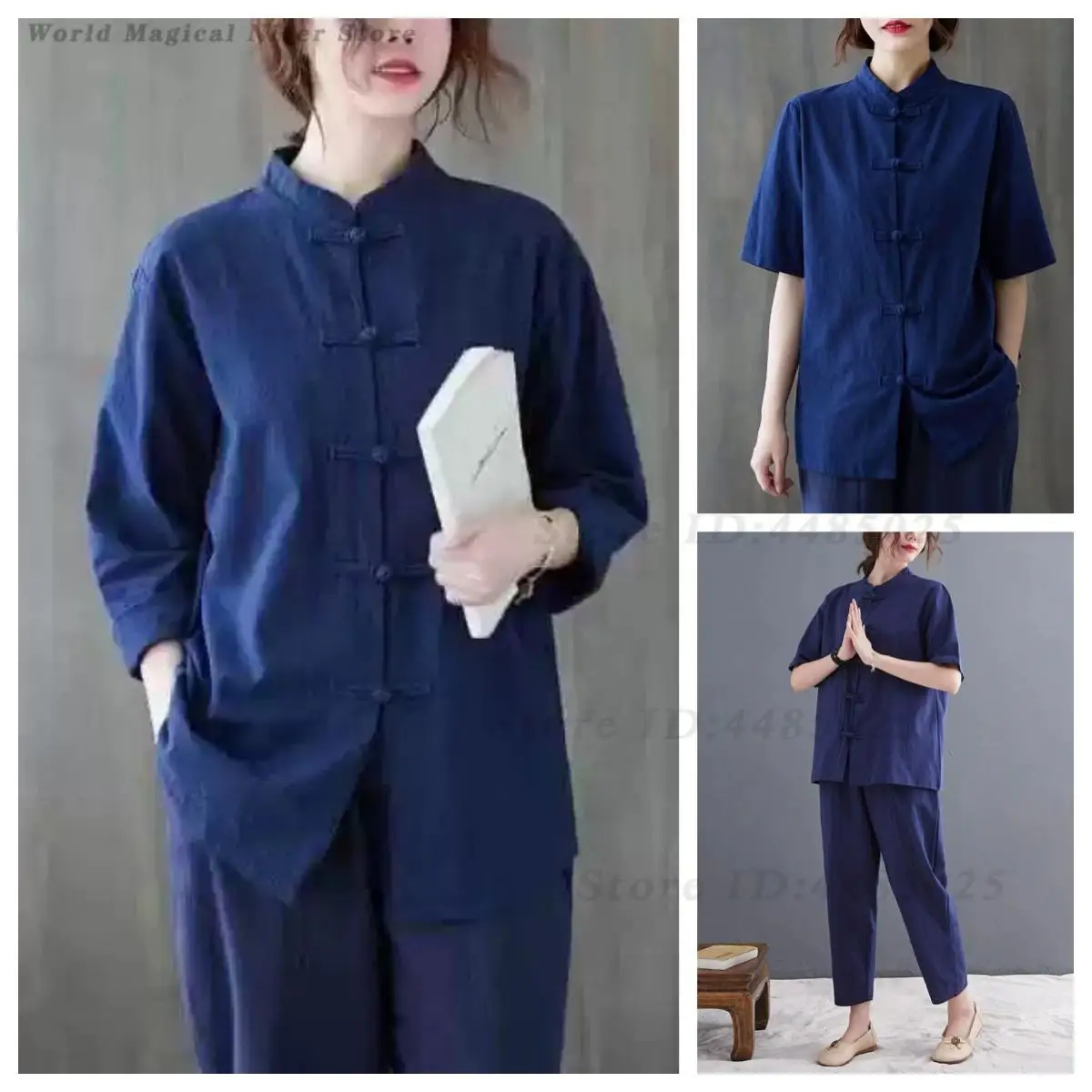 Women Chinese Style Cotton Linen Suit, Retro Stand Collar Frog Button Tang Suit, Loose Plus Size Zen Tea Clothing