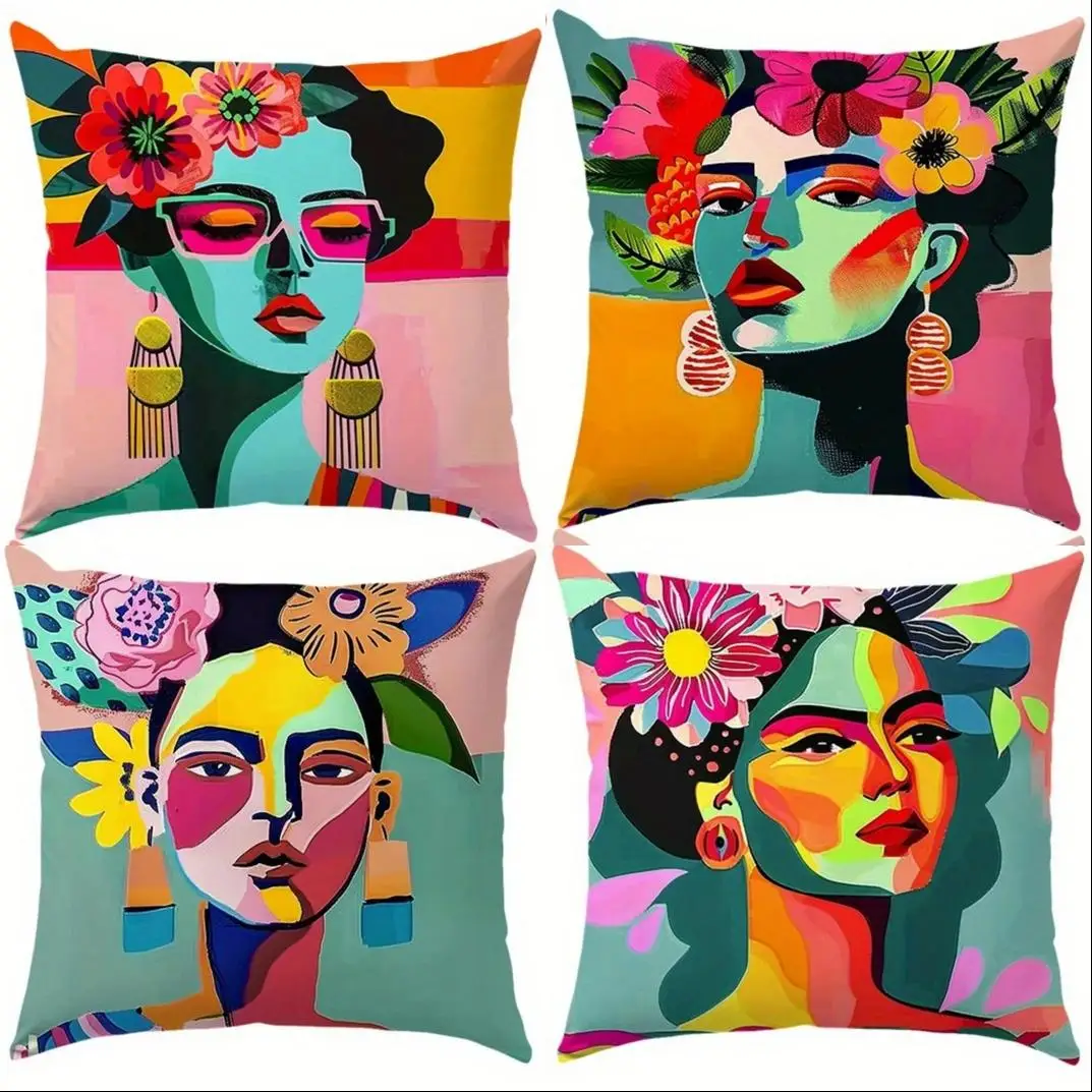 Home Decor Colorful Women Face Artistic Pattern Pillow Covers Cushion Cover Suitable For Sofa Bedroom Car Pillow Cover