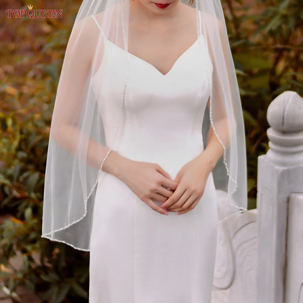 TOPQUEEN V107 Long Bridal Veils Crystal Beaded Wedding Veil With Crystal Edge 1 Tier Super Soft Bride To Be Veil Short